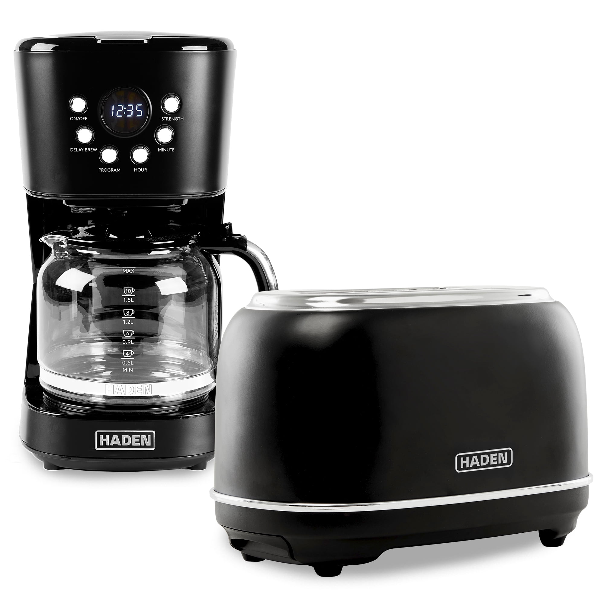 Haden Coffee Maker & Heritage 2 Slice Wide Toaster, Black & Chrome