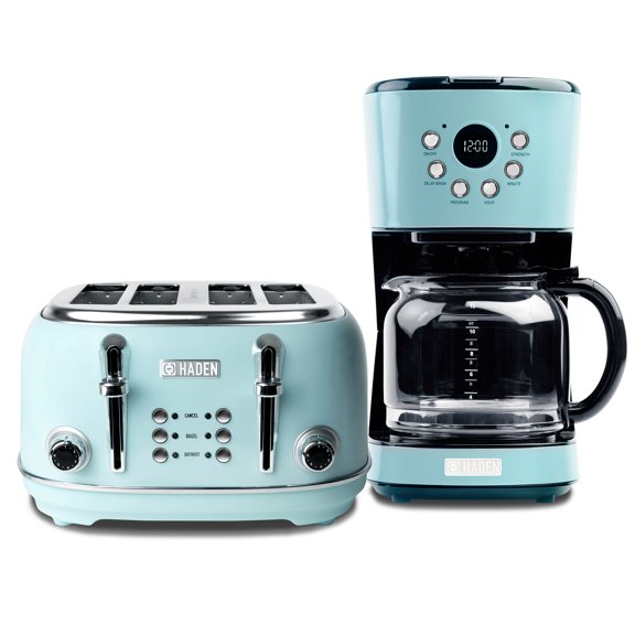 Haden Coffee Maker & Heritage 4 Slice Wide Toaster, Turquoise & Chrome