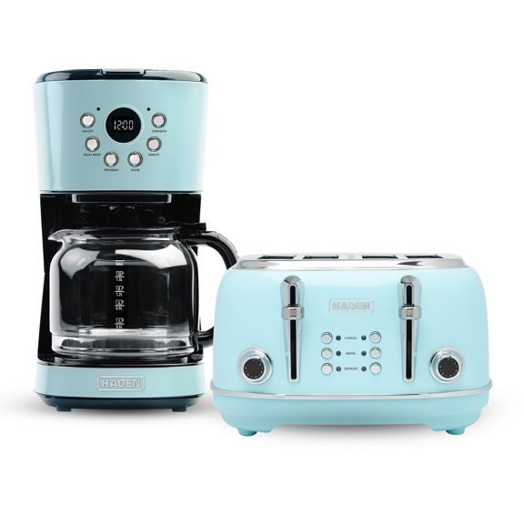 Haden Coffee Maker & Heritage 4 Slice Wide Toaster, Turquoise & Chrome