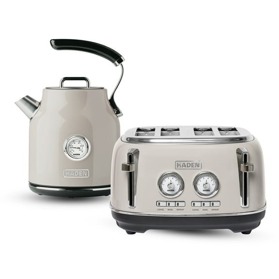 Haden Dorset 4 Slice Wide Toaster & Electric Water Kettle, Putty & Chrome
