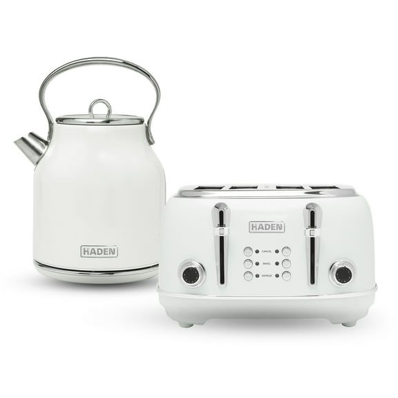 Haden Heritage 1.7 Liter Electric Tea Kettle & 4 Slice Wide Slot Toaster, White