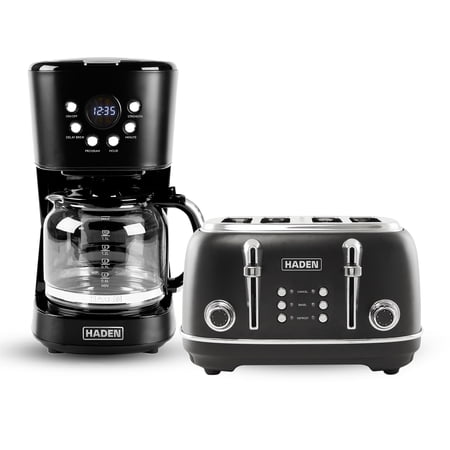 Haden Heritage 4 Slice Wide Slot Toaster & Coffee Maker, Black & Chrome