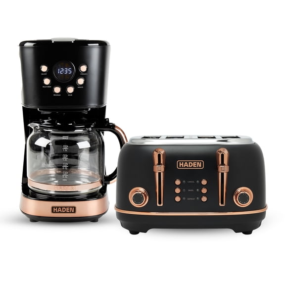 Haden Heritage 4 Slice Wide Slot Toaster & Coffee Maker, Black & Copper