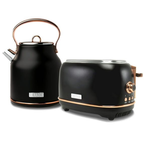 Haden Heritage Electric Water Kettle & 2 Slice Wide Toaster, Black & Copper