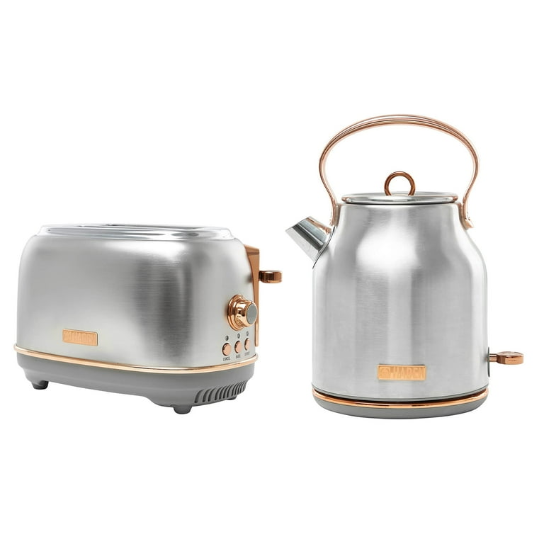 Haden Heritage 4 Slice Wide Slot Stainless Steel Toaster Bundled with 1.7 Liter Stainless Steel Electric Water Kettle Steel Copper