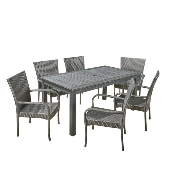 Haden Outdoor 7 Piece Acacia Wood and Wicker Expandable Dining Set, Sandblast Dark Gray, Gray