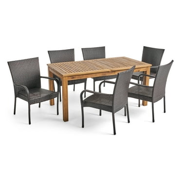 Haden Outdoor 7 Piece Acacia Wood and Wicker Expandable Dining Set, Sandblast Natural Stained, Multi Brown