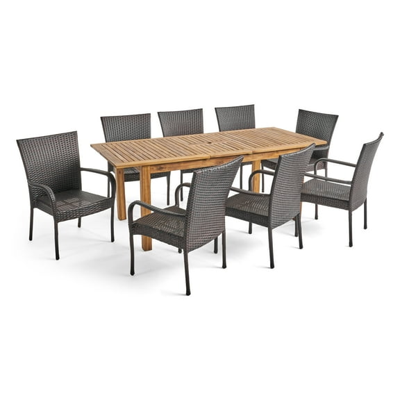 Haden Outdoor 9 Piece Acacia Wood and Wicker Expandable Dining Set, Sandblast Natural Stained, Multi Brown