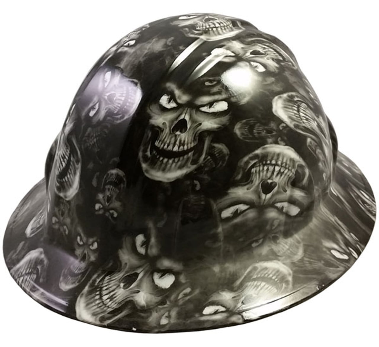 Hades Skull White Hydro Dipped Hard Hats Full Brim Style with 4 Pt Suspension