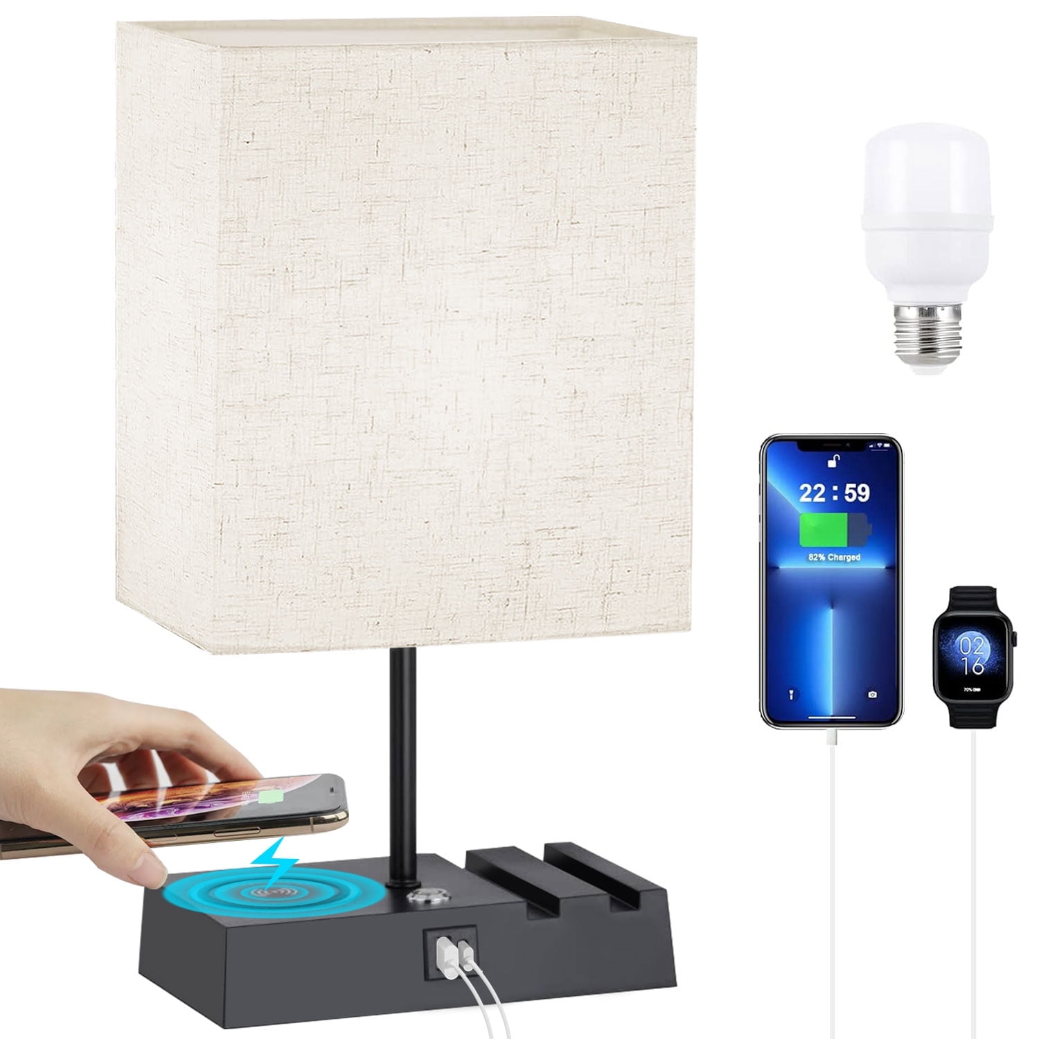 HadinEEon 15.9" Iron Bedside Table Lamp with Off-White Shade
