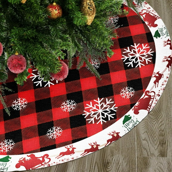 HadinEEon 48 inches Christmas Tree Skirt, Xmas Tree Ornaments, Buffalo Plaid Christmas Tree Mat, Rustic Xmas Tree Rug (Elk & Snowflakes)