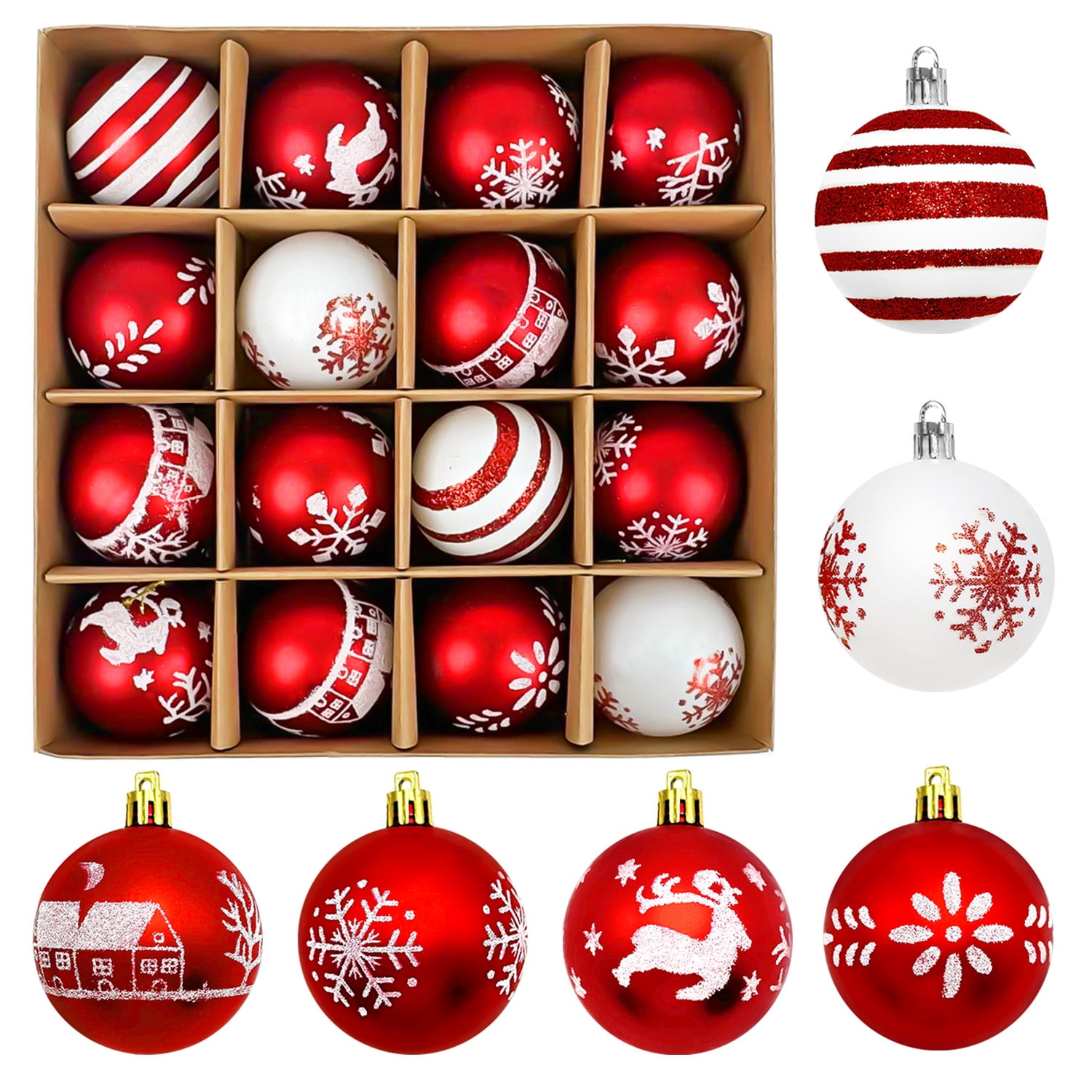 HadinEEon Christmas Ornaments Set, 16pcs Christmas Balls for Xmas Tree Decoration, 2.36 Inch Xmas Hanging Decor, Red and White