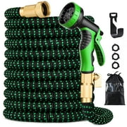 HadinEEon Garden Hose, 100ft Water Hose with 10 Function Spray Nozzle, No Kink Hose with 3/4 inch Anti-Rust Solid Brass Fittings, Green