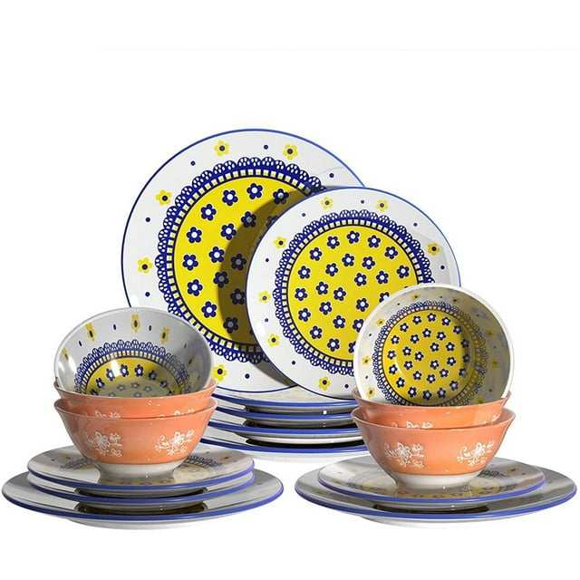 HadinEEon Porcelain 18 Piece Dinnerware Set, 18 Piece Kitchen Dinner