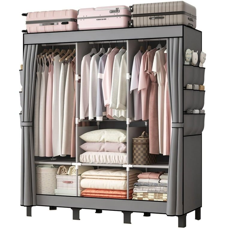 Free Shipping HadinEEon Portable Closet 51 inch Wardrobe Storage with 3 Hanging Rods 6 Shelves Side Pocket Non Woven Fabric Grey Walmart