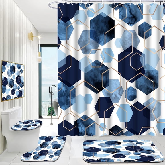 Hadint 4Pcs Azure Geometric Hexagon Pattern Shower Curtain Set, Shower Curtain and Rug Set, 12 Pcs Hooks, 71in x 71in