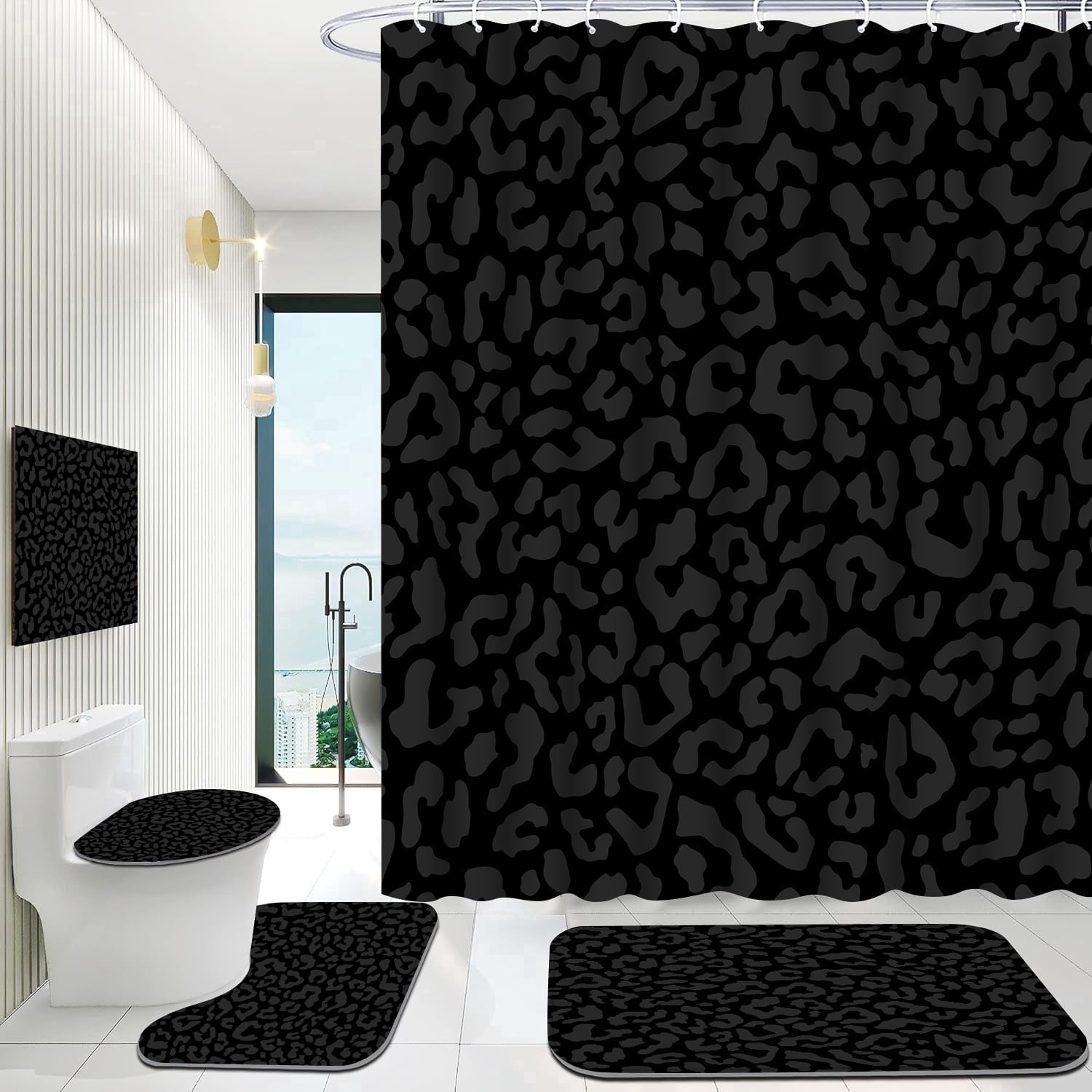 Hadint 4Pcs Black Leopard Print Pattern Shower Curtain Set, Shower Curtain and Rug Set, 12 Pcs Hooks, 71in x 71in