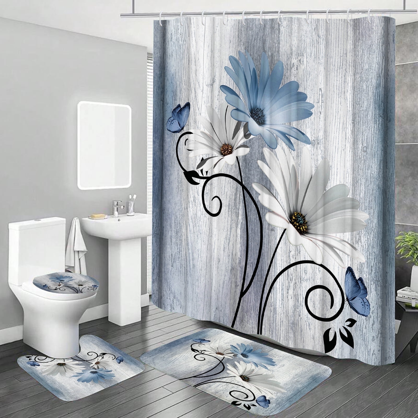 Hadint 4Pcs Blue Daisy Floral and Butterfly Shower Curtain Set, Shower Curtain and Rug Set, 12 Pcs Hooks, 71inx71in