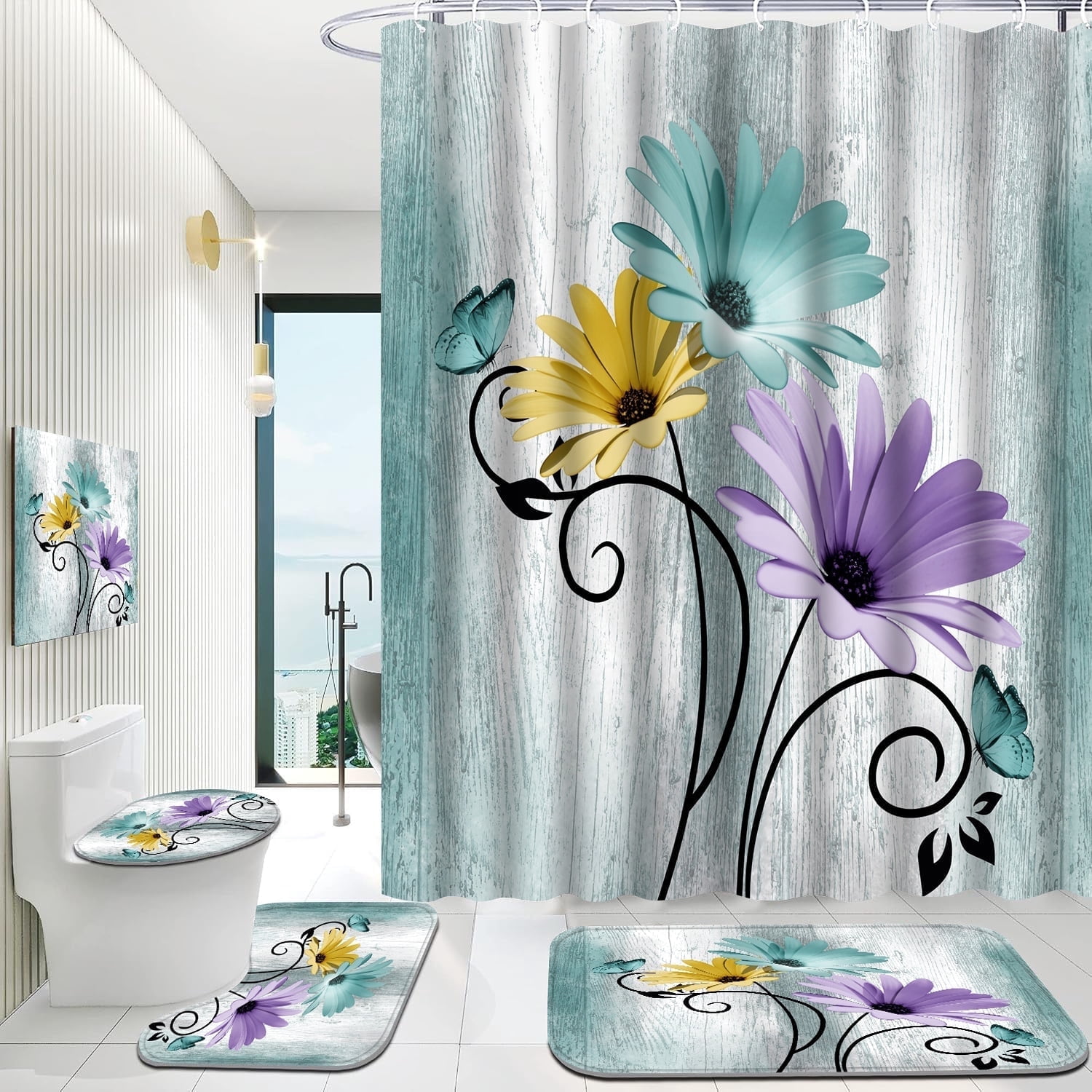 Hadint 4Pcs Blue Green Daisy Floral and Butterfly Shower Curtain Set, Bathroom Shower Curtain and Rug Set, 12 Pcs Hooks, 71inx71in