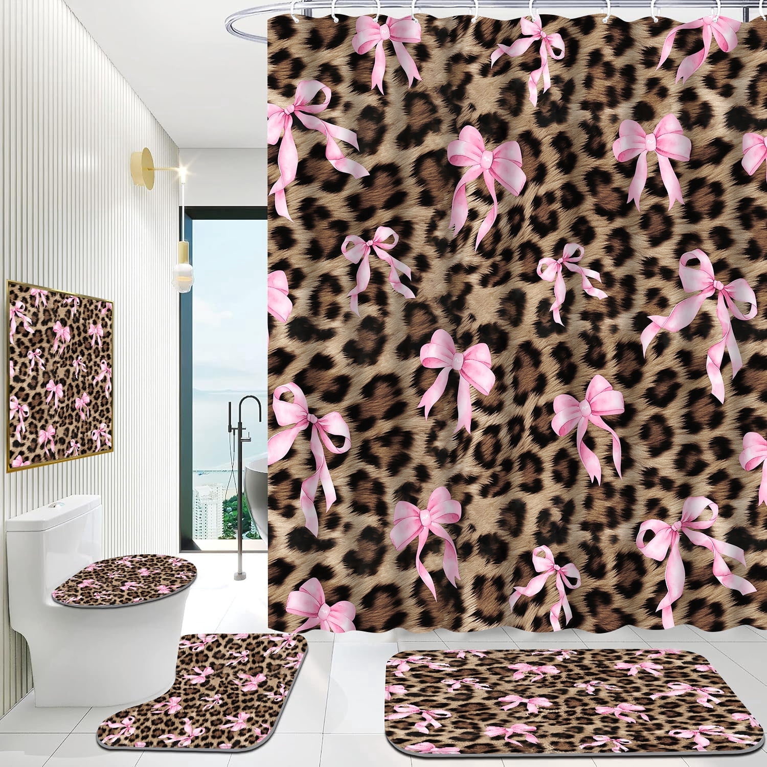 Hadint 4Pcs Brown Pink Leopard Print Bow Pattern Shower Curtain Set, Shower Curtain and Rug Set, 12 Pcs Hooks, 71inx71in