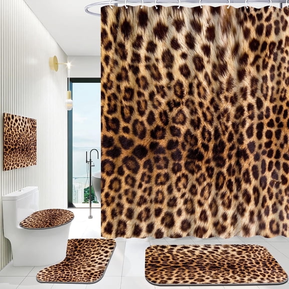 Hadint 4Pcs Brown Leopard Print Pattern Shower Curtain Set, Shower Curtain and Rug Set, 12 Pcs Hooks, 71inx71in