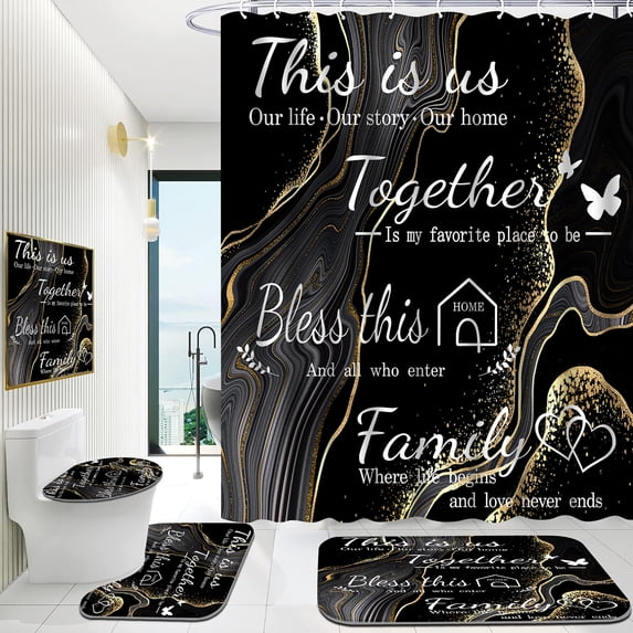 Hadint 4Pcs Gold Marble Gilt Texture Letter Butterfly Print Pattern Bathroom Shower Curtains Set, 12Pcs Hooks, 71inx71in