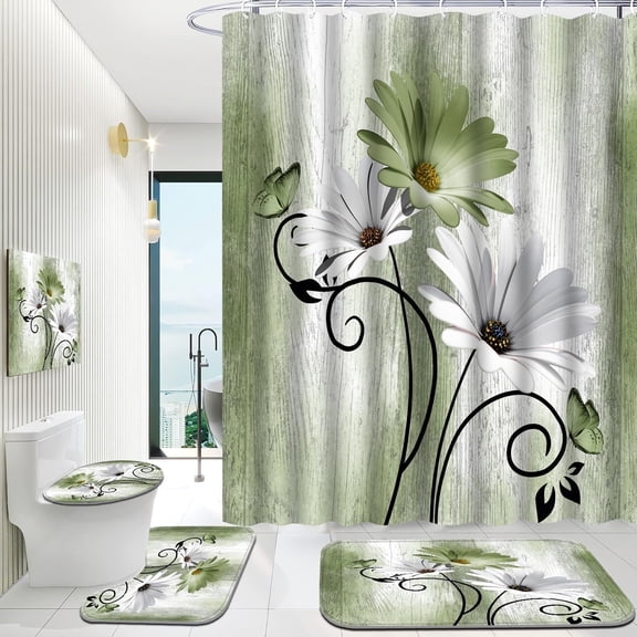 Hadint 4Pcs Grass Green Daisy Floral and Butterfly Shower Curtain Set, Shower Curtain and Rug Set, 12 Pcs Hooks, 71inx71in