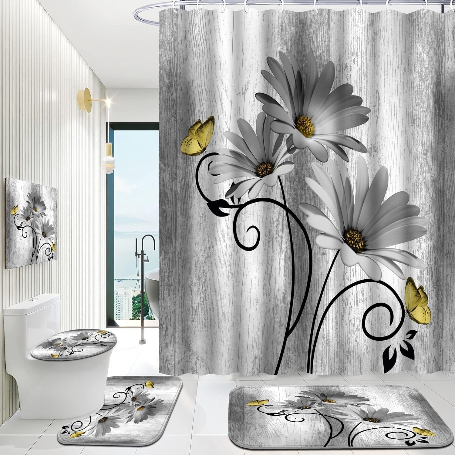 Hadint 4Pcs Gray Daisy Floral and Butterfly Shower Curtain Set, Shower Curtain and Rug Set, 12 Pcs Hooks, 71inx71in
