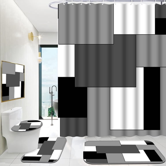 Hadint 4Pcs Gray Geometric Pattern Shower Curtain Set, Shower Curtain and Rug Set, 12 Pcs Hooks, 71in x 71in