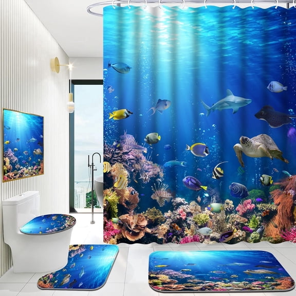 Hadint 4Pcs Ocean Underwater World Shower Curtain Set, Azure Sea Colorful Tropical Fishes Turtle Coral Home Décor Shower Curtain and Rug Set, 12 Pcs Hooks, 71in x 71in