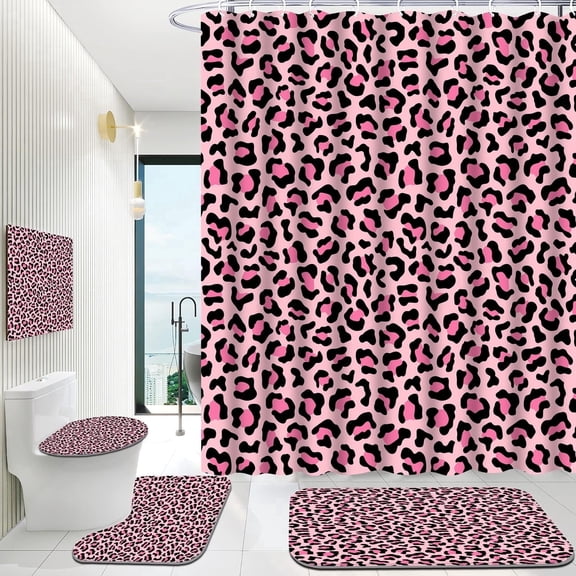 Hadint 4Pcs Pink Leopard Print Pattern Shower Curtain Set, Shower Curtain and Rug Set, 12 Pcs Hooks, 71inx71in