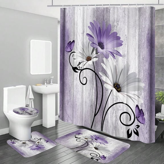 Hadint 4Pcs Purple Daisy Floral and Butterfly Shower Curtain Set, Shower Curtain and Rug Set, 12 Pcs Hooks, 71inx71in