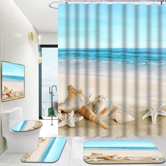 Hadint 4Pcs Summer Beach Shower Curtain Set, Blue Sea Beach Shower Curtain and Rug Set, 12 Pcs Hooks, 71in x 71in