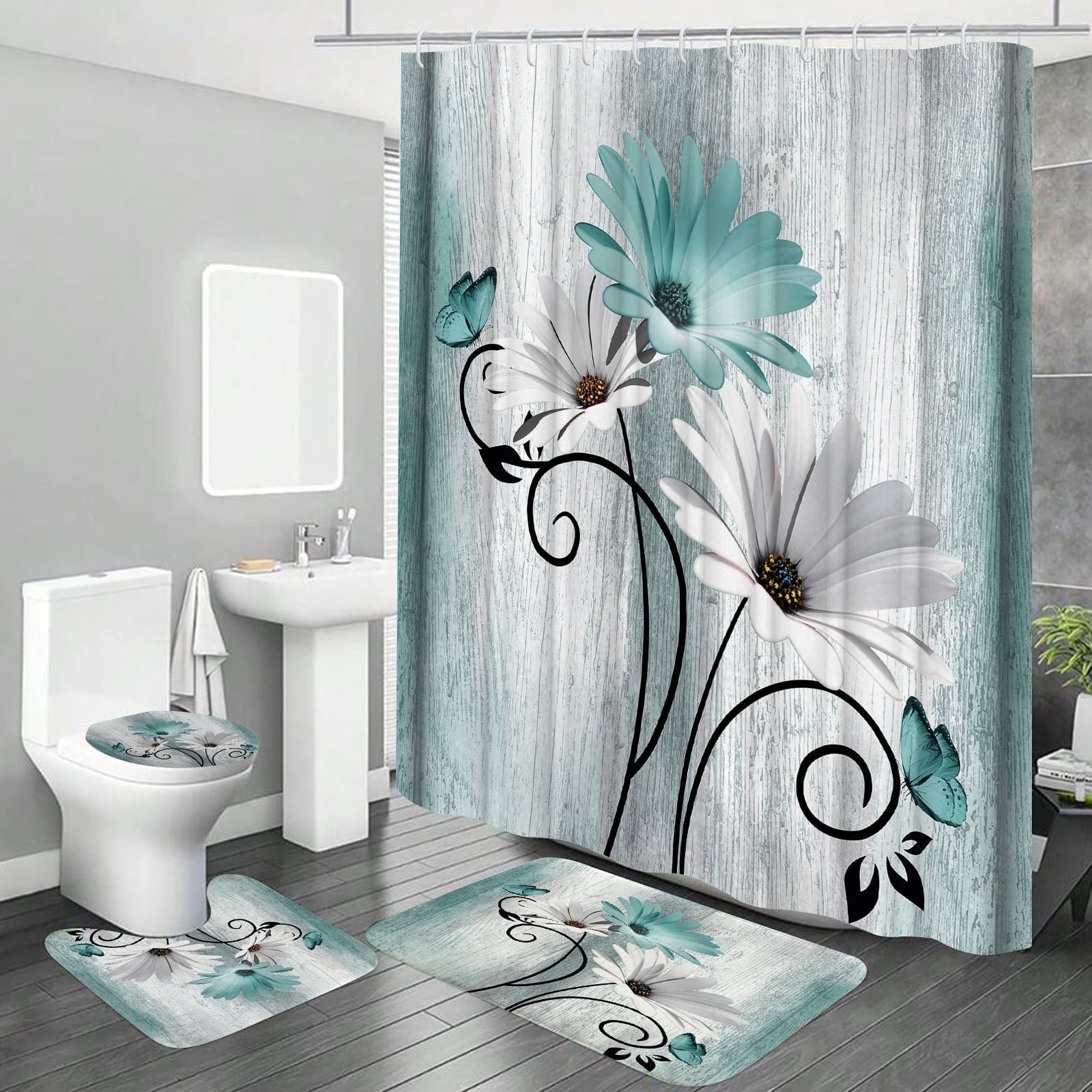 Hadint 4Pcs Teal Daisy Floral and Butterfly Shower Curtain Set, Shower Curtain and Rug Set, 12 Pcs Hooks, 71inx71in