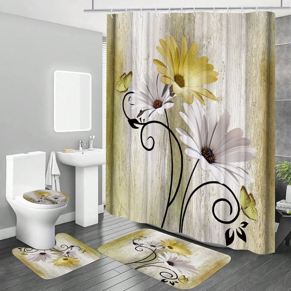 Hadint 4Pcs Yellow Daisy Floral and Butterfly Shower Curtain Set, Shower Curtain and Rug Set, 12 Pcs Hooks, 71inx71in