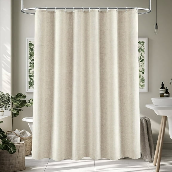 Hadint Beige Linen Shower Curtain Natural cotton fabric 72 x 72 in, with 12 pcs hooks