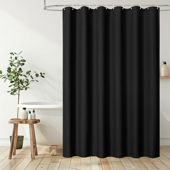 Hadint Black Waffle Textured Heavy Duty Thick Fabric Shower Curtains for Bathroom, 12 Plastic Hooks, 72inx72in