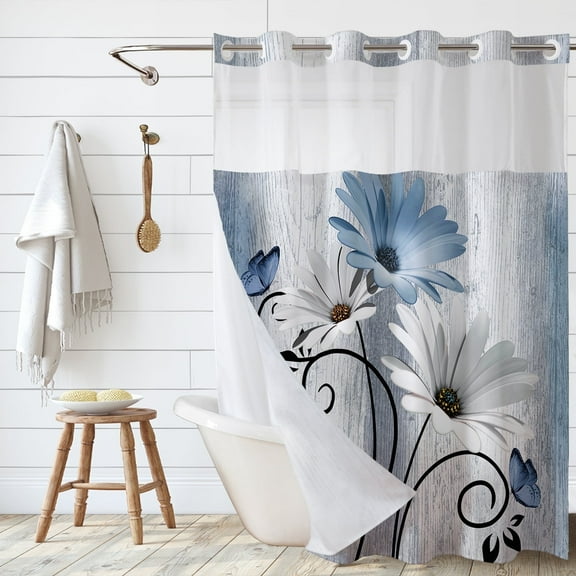 Hadint Hook Free Large Ring Shower Curtain,Blue Daisy Butterfly Waterproof Bathroom Shower Curtain,72 x 75in