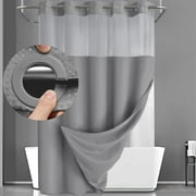 Hadint Hook Free Large Ring Shower Curtain,Gray Waffle Lining Fabric Waterproof Bathroom Shower Curtain, 72" W x 75" L