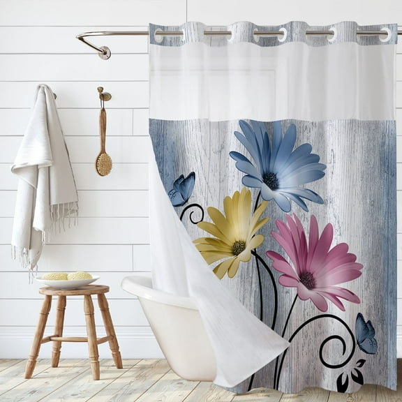 Hadint Hook Free Large Ring Shower Curtain,Rose Red Daisy Butterfly Waterproof Bathroom Shower Curtain,72 x 75in