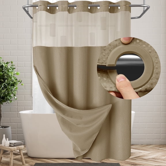 Hadint Hook Free Large Ring Shower Curtain,Sand Yellow Waffle Lining Fabric Waterproof Bathroom Shower Curtain, 72" W x 75" L