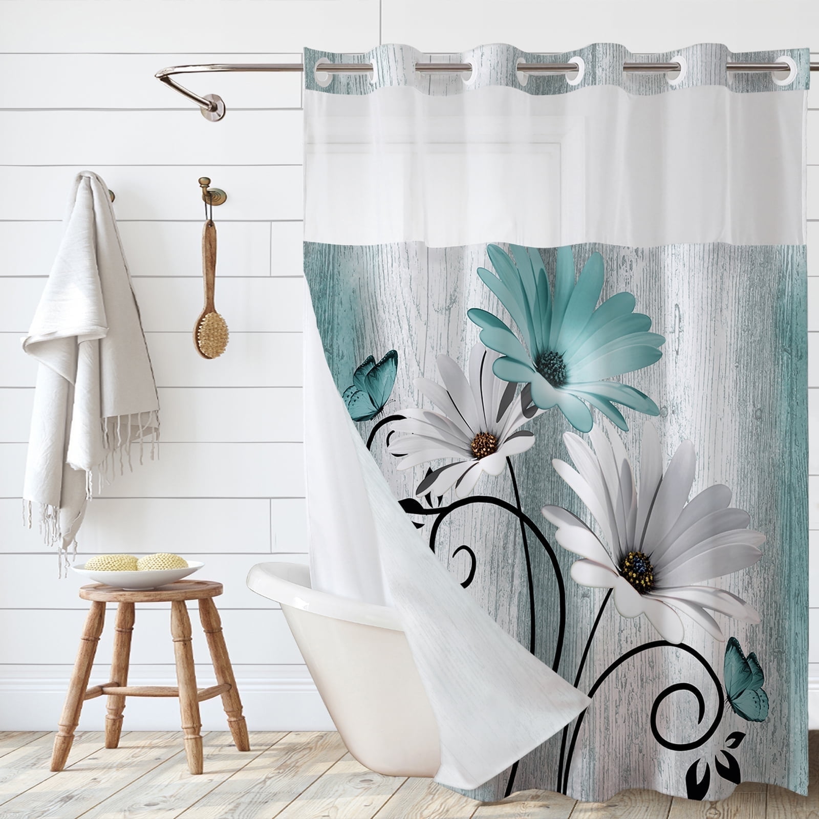 Hadint Hook Free Large Ring Shower Curtain,Teal Daisy Butterfly ...