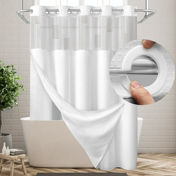 Hadint Hook Free Large Ring Shower Curtain,White Waffle Lining Fabric Waterproof Bathroom Shower Curtain, 72" W x 75" L