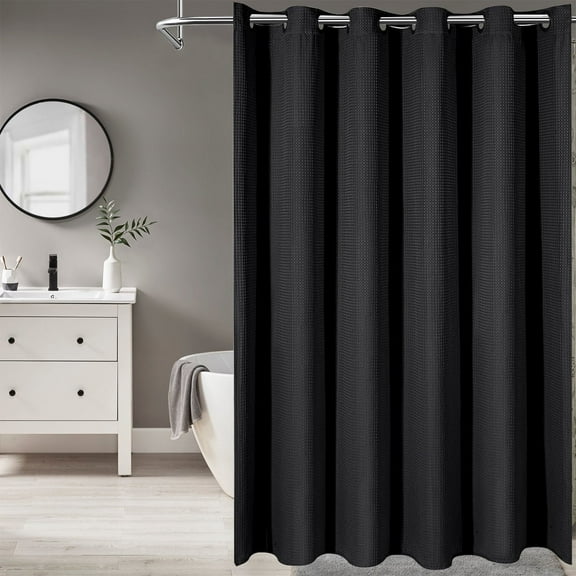 Hadint No Hook Shower Curtain,Black Waffle Weave Thick Fabric Shower Curtain, 72 x 75in