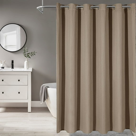 Hadint No Hook Shower Curtain,Brown Waffle Weave Thick Fabric Shower Curtain, 72 x 75in