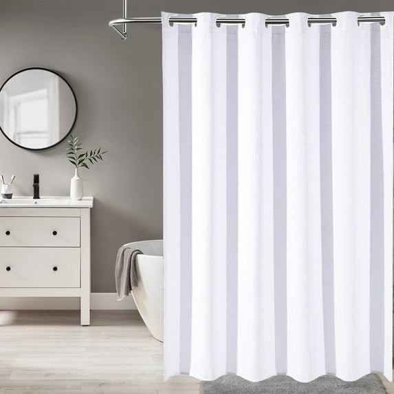 Hadint No Hook Shower Curtain,White Waffle Weave Thick Fabric Shower Curtain, 72 x 75in