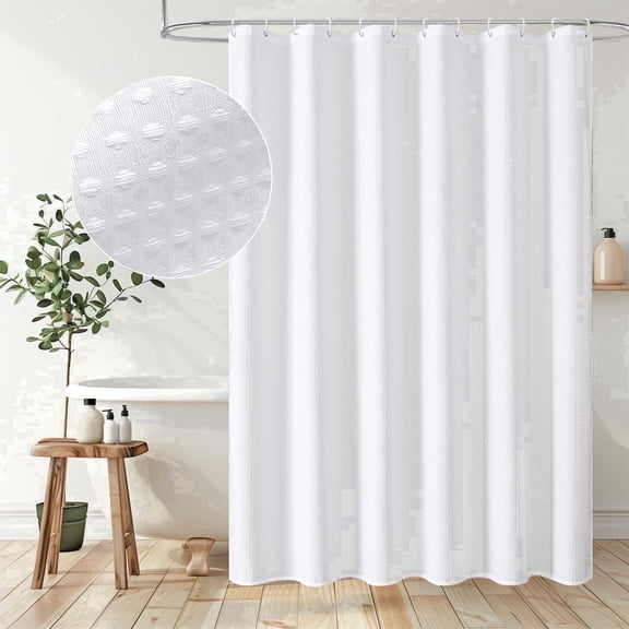 Hadint White Waffle Textured Heavy Duty Thick Fabric Shower Curtains for Bathroom, 12 Pcs Hooks, 72inx72in
