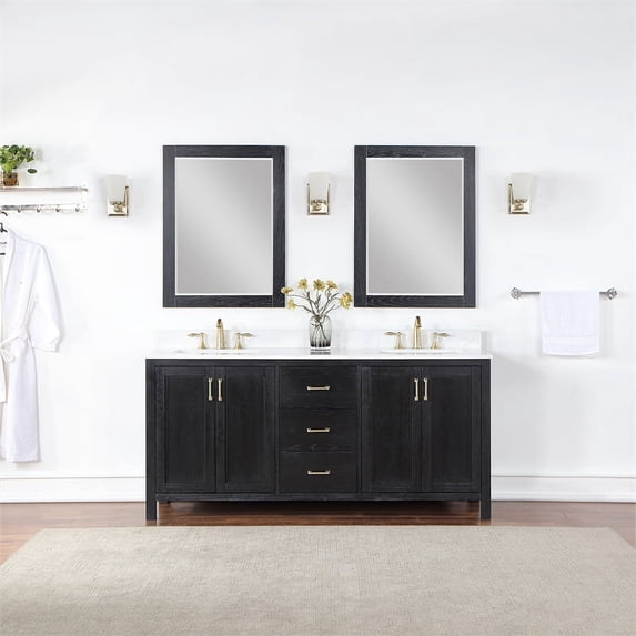 Hadiya 72" Double Bathroom Vanity Set in Black Oak with Aosta White Composite Stone Countertop with Mirror