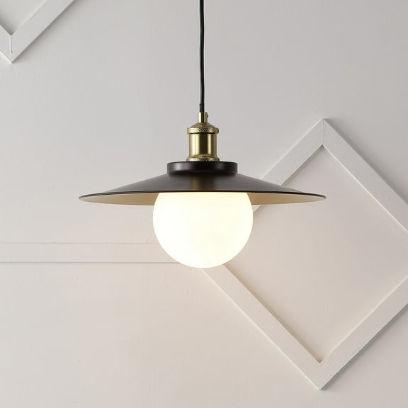 JONATHAN Y Hadley 14.5" 1-Light Scandinavian Farmhouse Iron/Frosted Glass LED Pendant, Oil Rubbed Bronze/Brass Gold