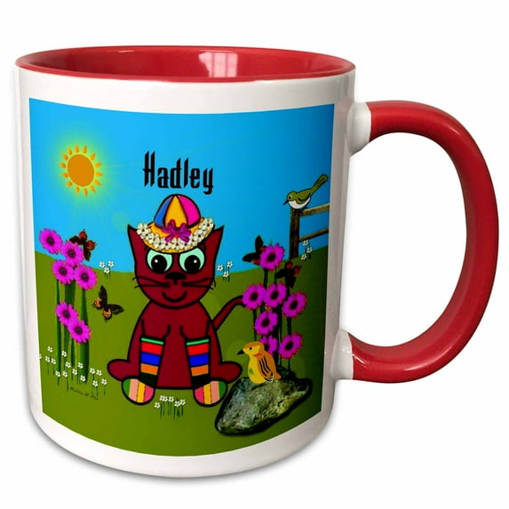 3drose, Hadley - Decorative Smudgeart Art Design - Cat in Rainbow Socks, 11oz Two-tone Red Mug